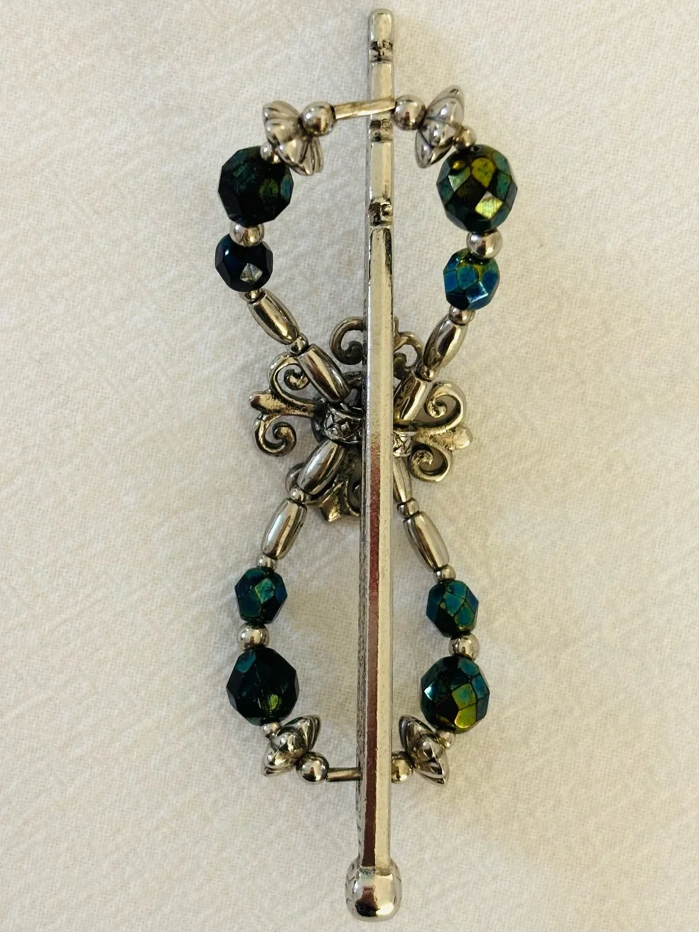 Lilla Rose Silver Teal Green Beaded Celtic Filigree Flexi Clip Hair Slide